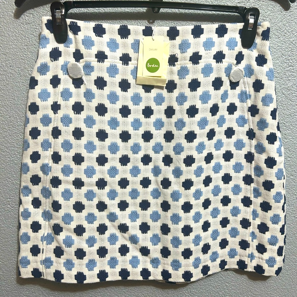 Boden White Mini Skirt with Navy and Light Blue Dot Pattern